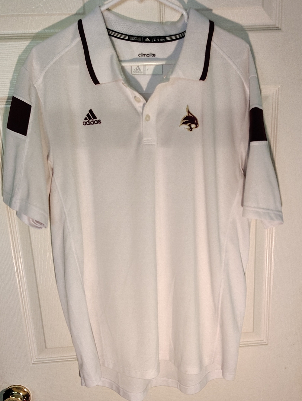 Men's adidas Climalite Texas State Bobcats White Polo with Maroon Trim and Logo